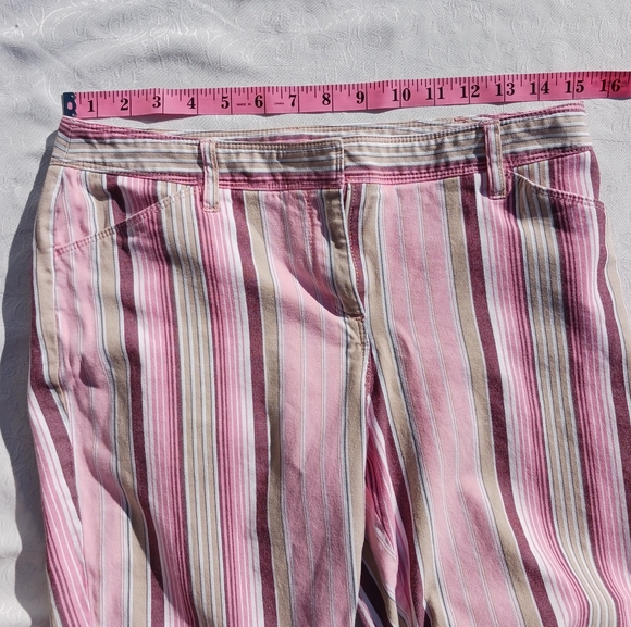 ANN TAYLOR LOFT PETITE STRETCH PINK BROWN WHITE STRIPED PANTS, SIZE 8P LADIES - Picture 6 of 10
